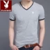Playboy mùa hè T-Shirt nam v-cổ ngắn tay gà tim cổ áo bông Hàn Quốc phiên bản của màu rắn thanh niên từ bi Slim quần áo triều 	áo thun nam body Áo phông ngắn