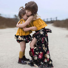 Семейные футболки 卡卡家ins欧美外贸夏款姐妹装女宝婴童抹胸上衣燕尾短裤时尚套装