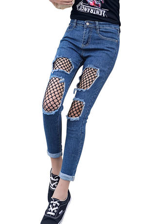 实拍新款破洞渔网牛仔网袜拼接弹力铅笔裤女