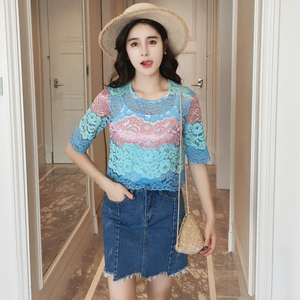 Hàn Quốc phiên bản của áo thun voan ngắn tay áo sơ mi nữ mùa hè 2018 mới hoang dã ngắn quanh cổ rỗng ren áo sơ mi áo triều