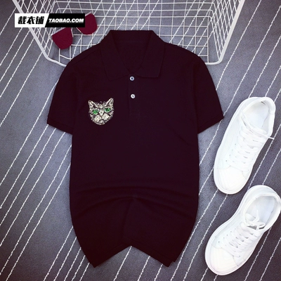 2018 mùa hè mới Châu Âu và Mỹ thời trang đường phố sequins mèo đầu ve áo ngắn tay áo Polo nam couple Slim T-Shirt triều áo thun cotton nam Polo