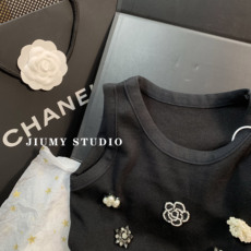 Жилет кашемировый jiumy studio自制~法式小香风山茶花钉珠针织背心吊带短款黑上衣