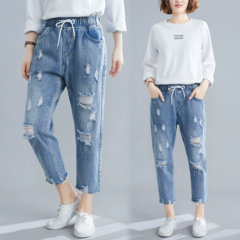 Quần béo cộng với size quần jeans cạp cao nữ xuân mới 2020 thời trang rách thun co giãn eo phù hợp với quần cũ - Cộng với kích thước quần áo
