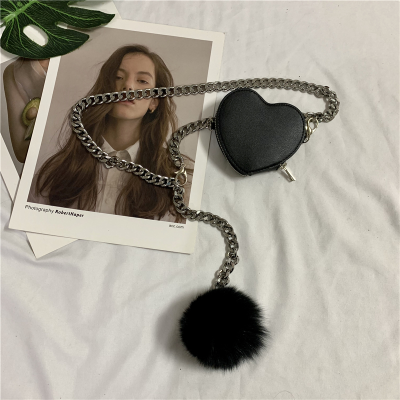 Black Hairy Ballins love iron chain Mini Pocket Punk  Metal Waist chain Korean version removable belt Small bag decorate tide