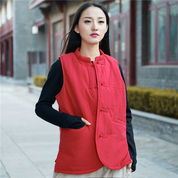 Phong cách Trung Quốc nguyên bản khóa retro cộng với áo vest cotton mùa đông cotton mới và lanh nữ ấm áp phù hợp với tất cả áo vest nữ - Áo vest