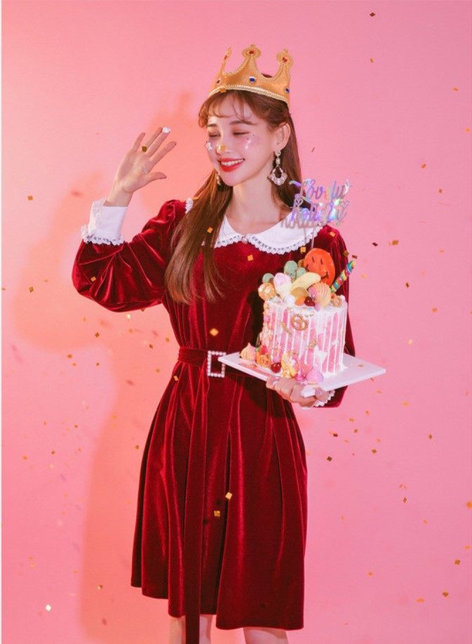 复古丝绒圣诞裙甜美蕾丝娃娃领收腰连衣裙