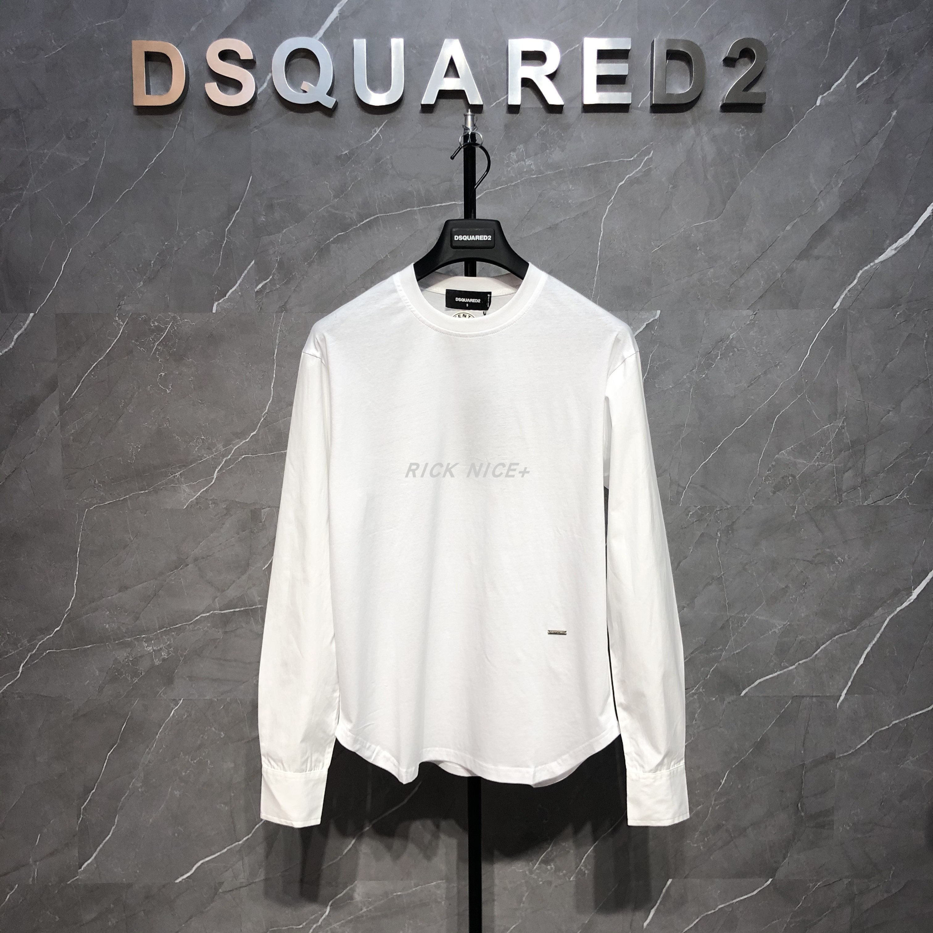 WhiteDSQUARED new pattern D2 designer classic Long sleeve Crew neck Solid color Splicing shirt sleeve steel mark T-shirt ICON
