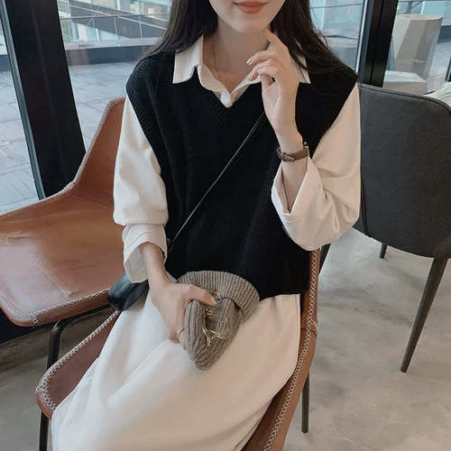 Осенний комплект, ретро юбка, рубашка, платье, жилет, в корейском стиле, воротник поло, V-образный вырез