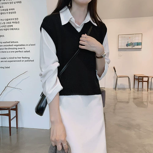 Осенний комплект, ретро юбка, рубашка, платье, жилет, в корейском стиле, воротник поло, V-образный вырез
