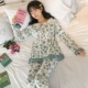 Phiên bản Hàn Quốc của bộ đồ ngủ nữ dài tay hai dây cotton và mùa thu mỏng phần mùa hè ren dễ thương công chúa phong cách ngọt ngào - Bộ Pajama