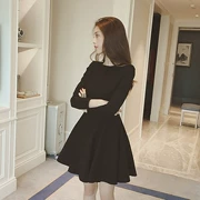 Váy mùa thu đông nữ cộng với nhung đen Hepburn retro đen 2018 phiên bản Hàn Quốc mới của váy đen dài tay đáy váy