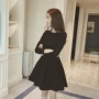 Váy mùa thu đông nữ cộng với nhung đen Hepburn retro đen 2018 phiên bản Hàn Quốc mới của váy đen dài tay đáy váy đầm ôm body