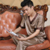 Grandpa nam mùa hè đồ ngủ lụa lụa tay ngắn mỏng tay ngắn tay quay lụa trung niên cha cha - Pyjama đồ pijama Pyjama