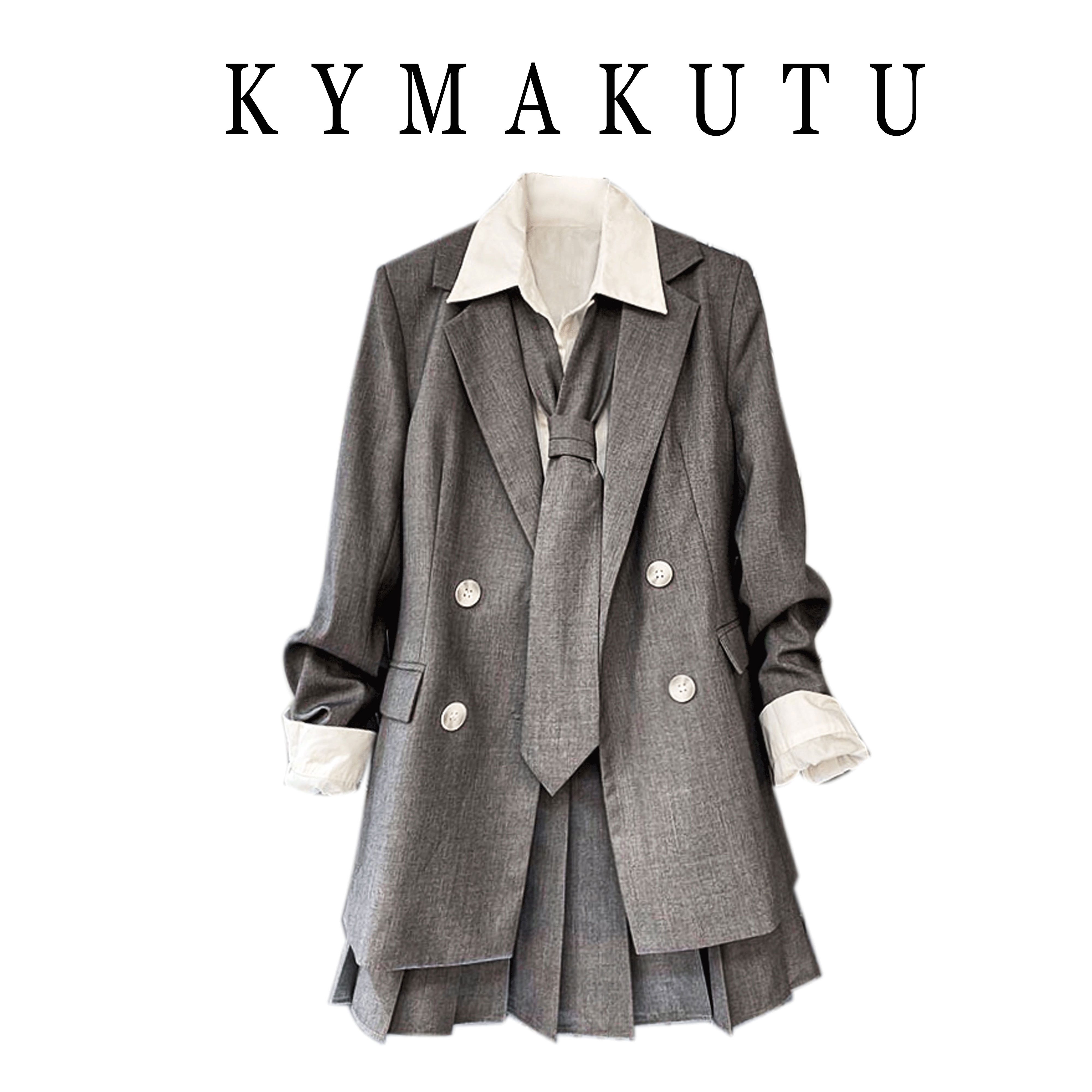 Grey Three Piece SetKorean version 21 spring and autumn new pattern Bomb Street Versatile necktie white shirt + suit loose coat + Crimping Half skirt Three piece suit female