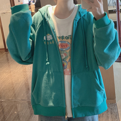 taobao agent Velvet base hoody with zipper, green sweatshirt, with embroidery