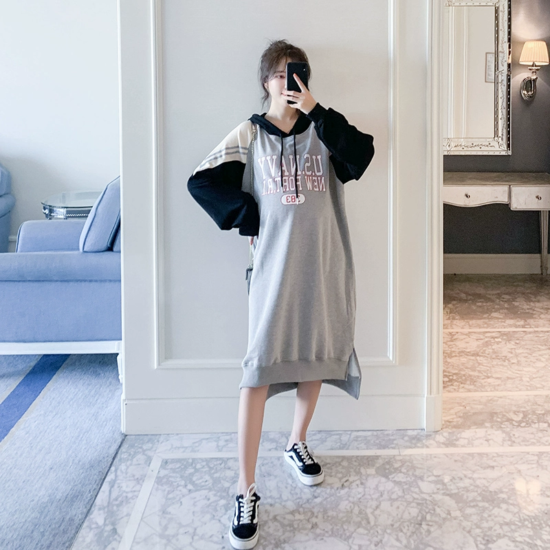 Váy bà bầu mùa xuân 2020 mới mùa xuân và thu đông Hàn Quốc thời trang rộng kích thước lớn giữa áo len trùm đầu - Áo thai sản