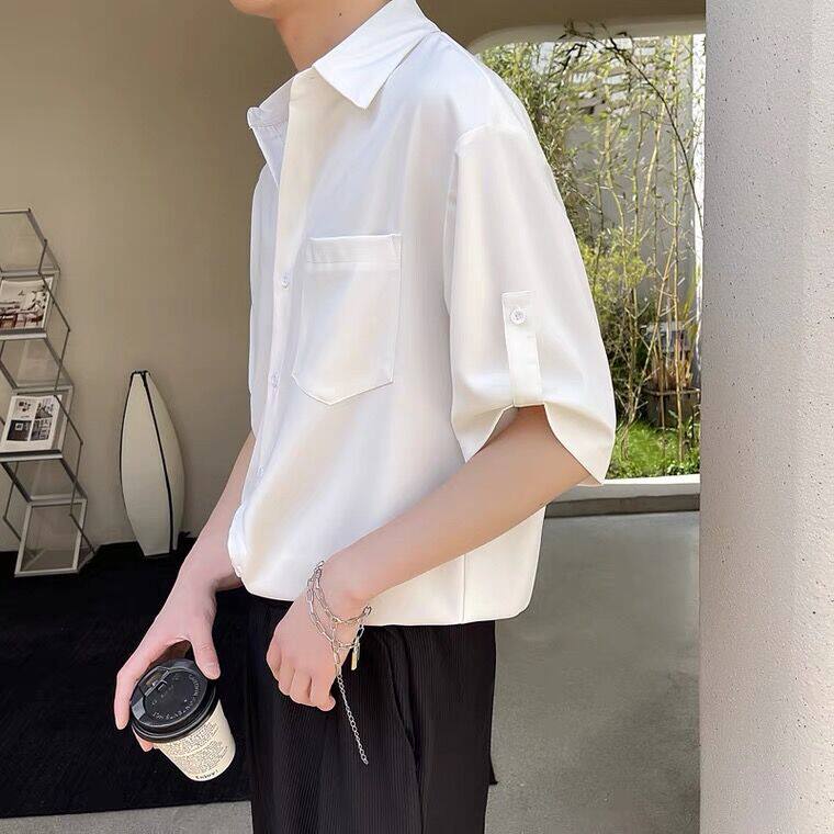 A light-mature and stylish men's short-sleeved Korean style trendy Instagram three-quarter sleeve shirt, a loose and high-end summer top details Picture