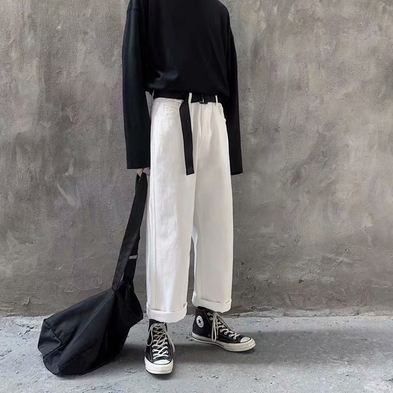 Loose Straight & Whitewhite Broad legs Falling feeling Denim pants male Chaopai solar system High street easy Straight tube Daddy pants Retro leisure time trousers