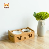 Meow Xian'er Ceramic Cat Bowl Чаша Защитная шея наклонная чаша Двойная чаша может быть отрегулирована на высоком уровне бамбука, а деревянный корм для домашних животных становится кошковым котенком миской
