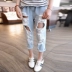 Cô gái jeans mùa xuân và mùa hè trẻ em giản dị của giản dị ridding lỗ jeans quần mùa xuân quần trẻ em Hàn Quốc phiên bản của thủy triều Quần jean