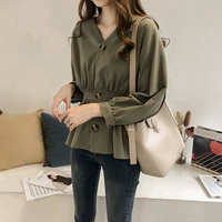 Đầu thu 2018 của phụ nữ khí chất mới thắt lưng áo cổ chữ V nữ dài tay sang trọng như áo sơ mi Han Fan áo thủy triều mẫu áo công sở đẹp