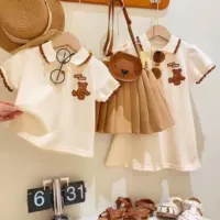 Мультяшный летний наряд маленькой принцессы, летняя одежда, мини-юбка, комплект, с медвежатами, воротник поло