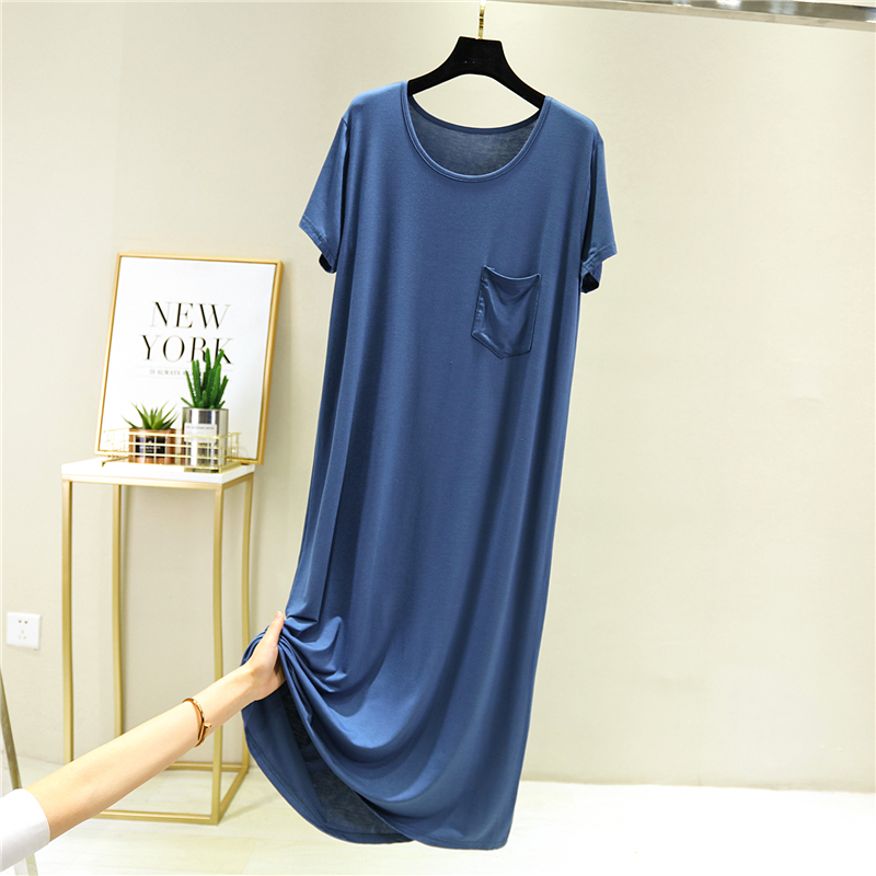 Denim Blueeasy Nightdress female summer modal  cotton Dress Thin leisure wear Short sleeve longuette Wear out Big size Base skirt