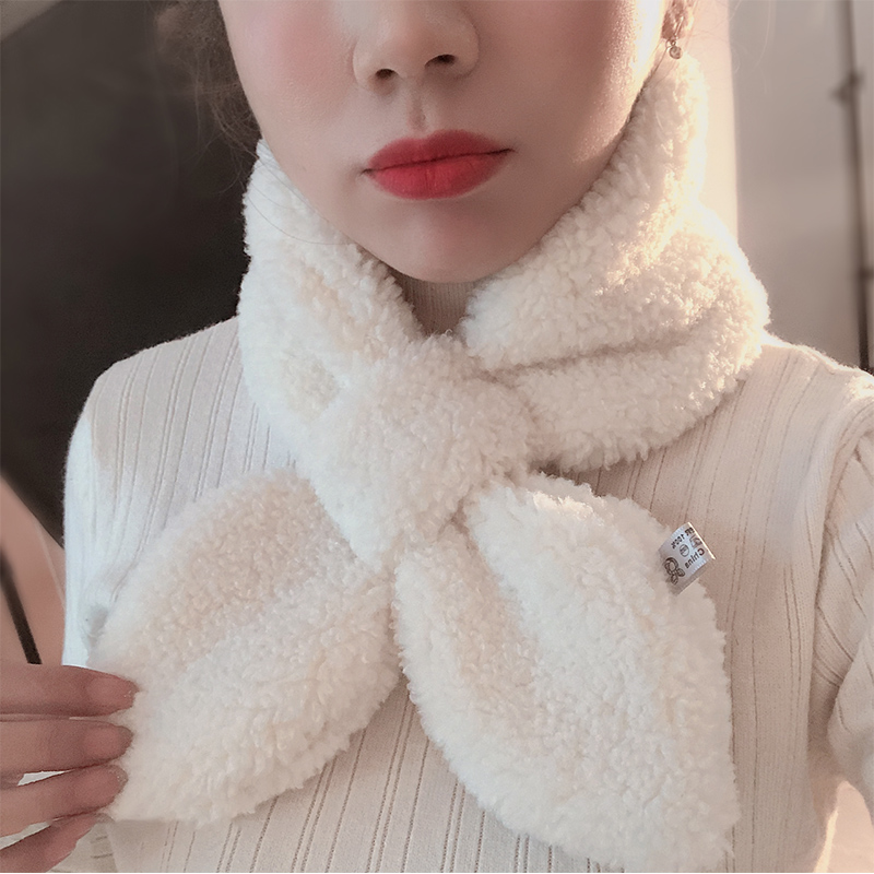 Milky WhiteLate late Same ins the republic of korea Knitting wool Neck cover overlapping fish tail Neckline bow Small scarf female Autumn and winter