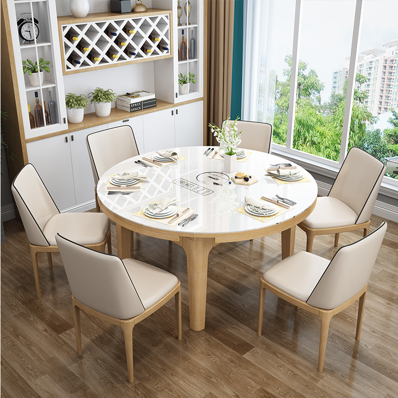 北欧餐桌椅组合现代简约小户型伸缩折叠家用带电磁炉饭桌实木餐桌