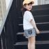 Quần short denim trẻ em mặc mèo đầu thêu mùa hè nóng quần ở trẻ em phần mỏng lỗ bông cô gái lỏng lẻo quần