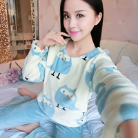 Bộ đồ ngủ mùa thu và mùa đông flannel nữ cổ tròn dễ thương ngọt ngào sinh viên hoạt hình phiên bản Hàn Quốc của bộ đồ lông cừu san hô dài tay đồ bộ kiểu