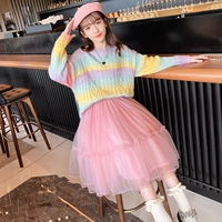 Осенний милый радужный кардиган, свитер, юбка, комплект, в западном стиле, коллекция 2021