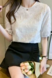 Летний кружевной топ, рубашка, в корейском стиле, свободный крой, короткий рукав, с вышивкой, рукава фонарики