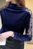 Демисезонный бархатный топ, бархатная футболка, лонгслив, коллекция 2021, в западном стиле, длинный рукав, с вышивкой, высокий воротник