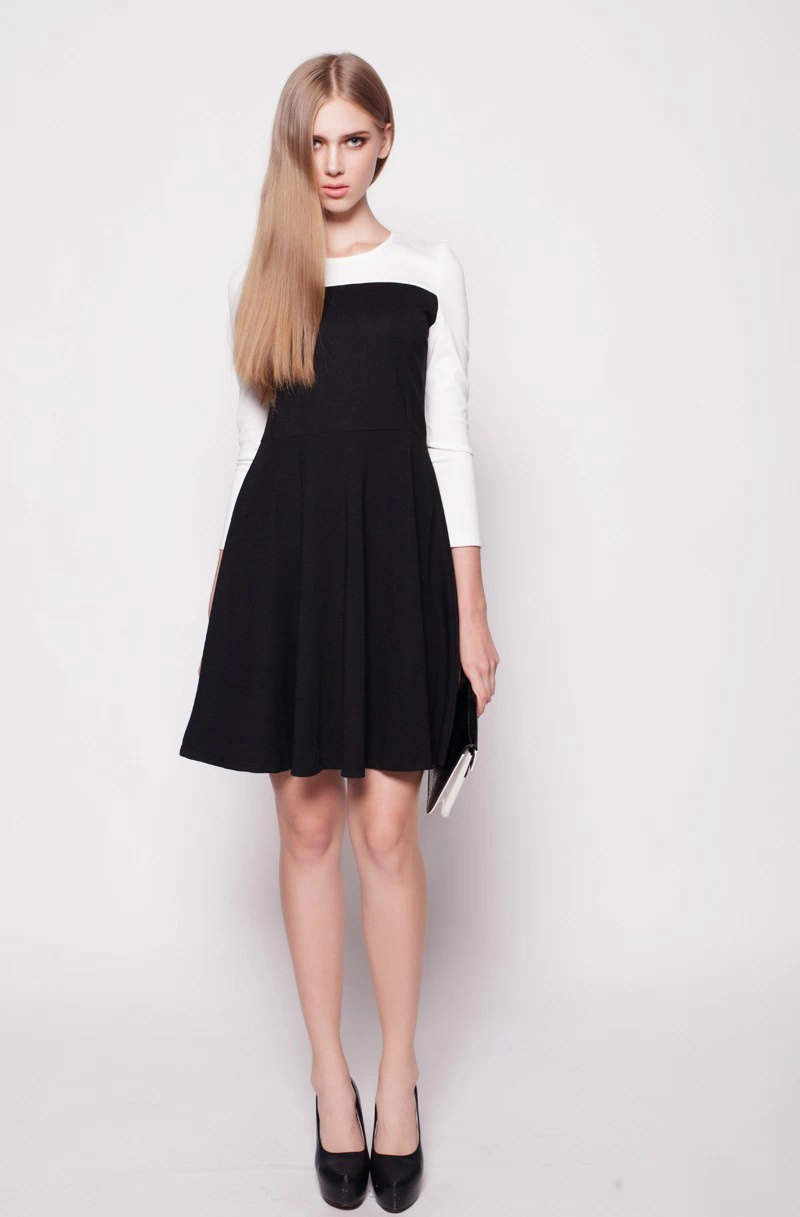 2014秋装新款欧美风罗马布泡泡袖黑白拼接连衣裙修身显瘦裙子女潮