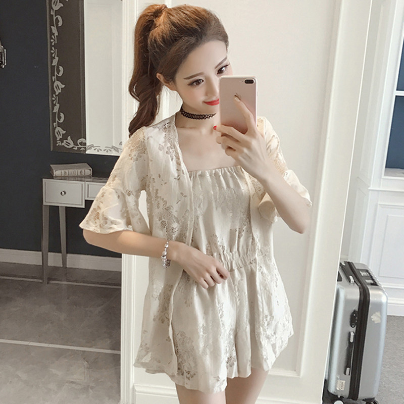 睡衣套装女夏性感迷人抹胸短袖连体短裤蕾丝两件套可外穿家居服