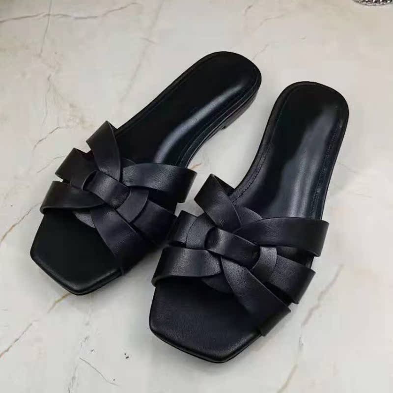 Black Leather2021 summer new pattern weave Crisscross zone cool Flat bottom slipper female genuine leather Shallow mouth Wear out fashion leisure time Flip flop tide
