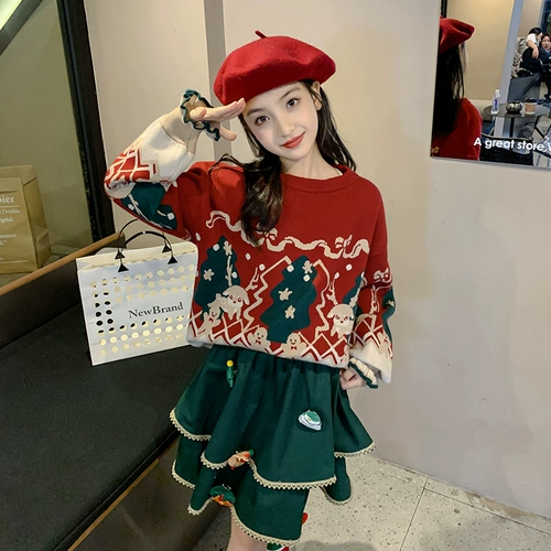 Демисезонный красный атмосферный трикотажный свитер, шлем, костюм принцессы, наряд маленькой принцессы