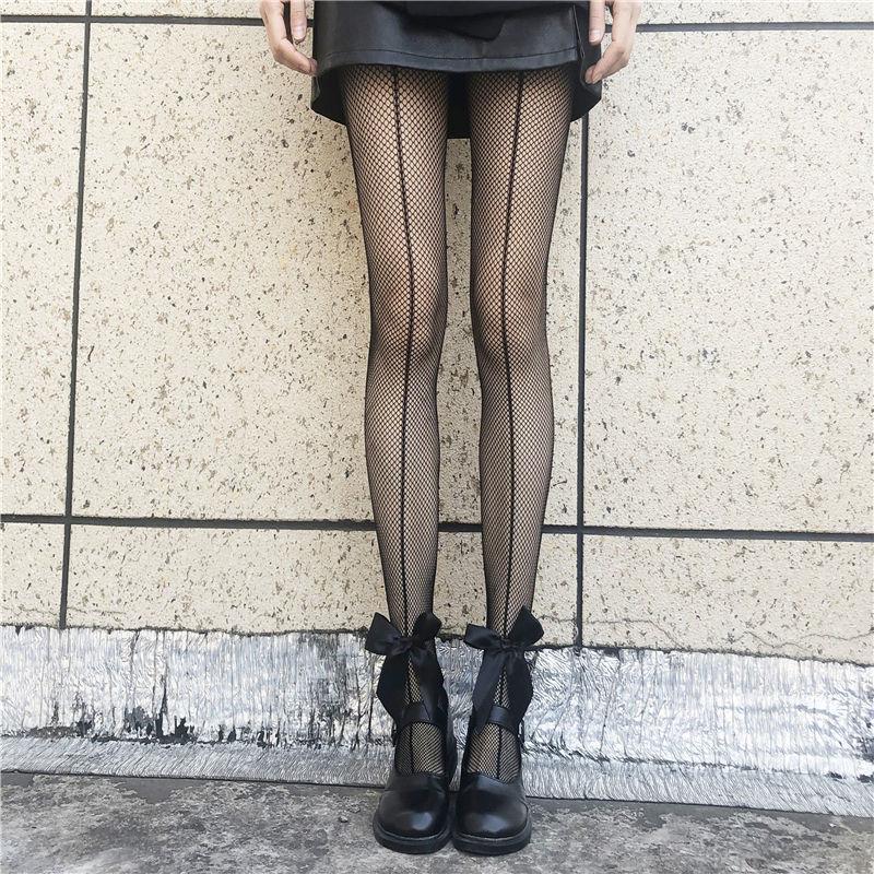 A BowInternet celebrity bow Black pantyhose female black Fishing net Socks Autumn and winter Pantyhose Thin ins winter solar system JK