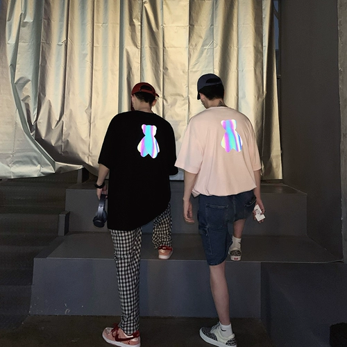 Светоотражающая футболка, парная одежда для влюбленных, летняя одежда, в корейском стиле, с медвежатами, короткий рукав