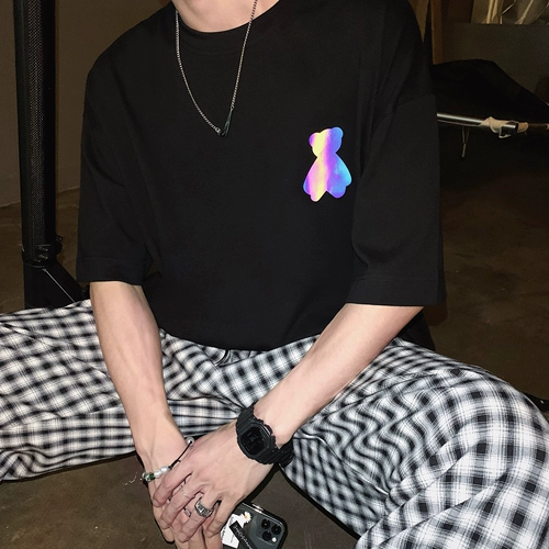 Светоотражающая футболка, парная одежда для влюбленных, летняя одежда, в корейском стиле, с медвежатами, короткий рукав