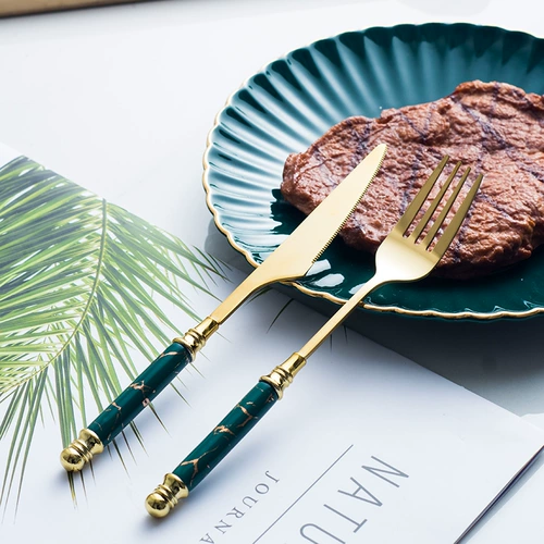 Керамическая керамическая нержавеющая сталь Нож и вилка творческий мраморный нож и вилка ложка изумруд