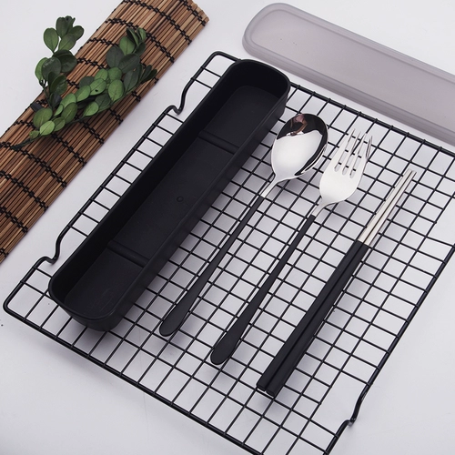 Ложка, палочки для еды, вилка, черный комплект, портативная коробка для взрослых, японская посуда из нержавеющей стали, 3 предмета, простой и элегантный дизайн