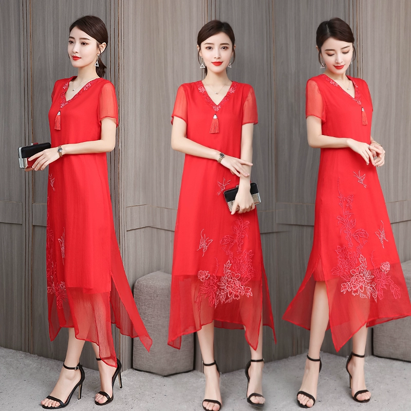 Real shot 2021 phụ nữ mới phong cách Trung Quốc phong cách cổ điển phong cách dân tộc phong cách dân tộc mảnh mai mỏng màu đỏ cổ chữ v chiếc váy - A-Line Váy