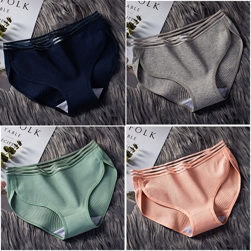 040 Black Blue + Flower Grey + Bean Green + Bean Red2 strip / 3 strip ma'am underpants female pure cotton solar system Korean version Cotton girl student middle-waisted girl student Lace Briefs