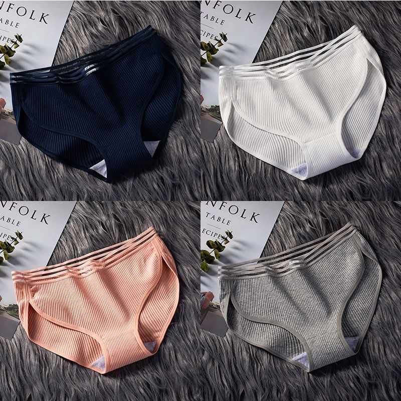 040 Black Blue + Milk White + Bean Red + Ash2 strip / 3 strip ma'am underpants female pure cotton solar system Korean version Cotton girl student middle-waisted girl student Lace Briefs
