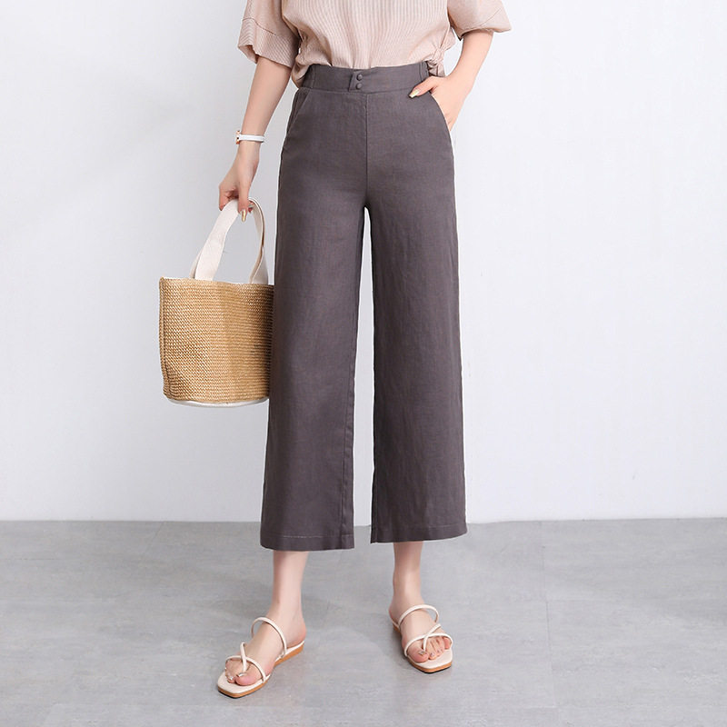 New high-waisted cotton and linen 9-inch women's loose pants, linen wide-leg pants, 9-inch large-sized women's pants. Chubby girls look slim and versatile details Picture