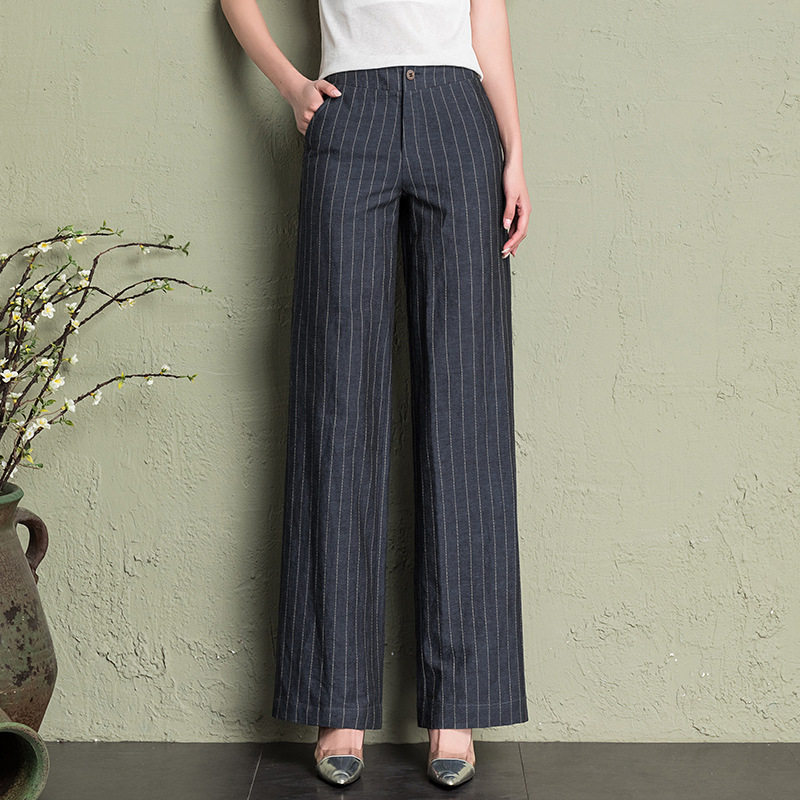 2022 Spring/Summer thin high-waisted wide-leg artistic cotton and linen pants, women's striped long pants, linen casual women's pants, large size, slimming