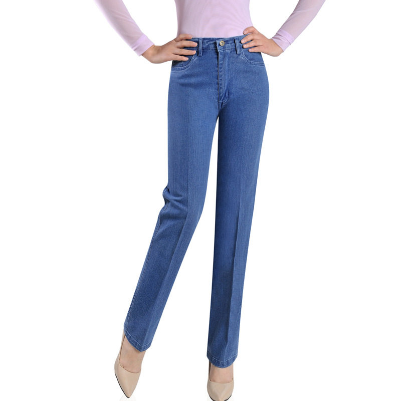 Spring wear: Middle-aged and elderly jeans, women's straight-leg pants, women's denim long pants, high-waisted, large-sized, elastic loose pants for mothers Item Picture