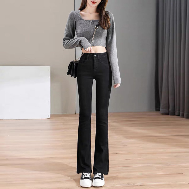 Black slightly flared jeans for women's summer 2022, a new and thin bestseller, high-waisted and slimming flared pants for women details Picture
